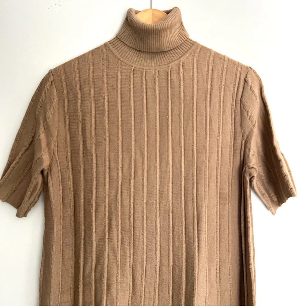 COS Beige Tan / Beige Scallop Pleated Knit Wool Blend Turtleneck Boho Dress Sz S - Picture 3 of 16